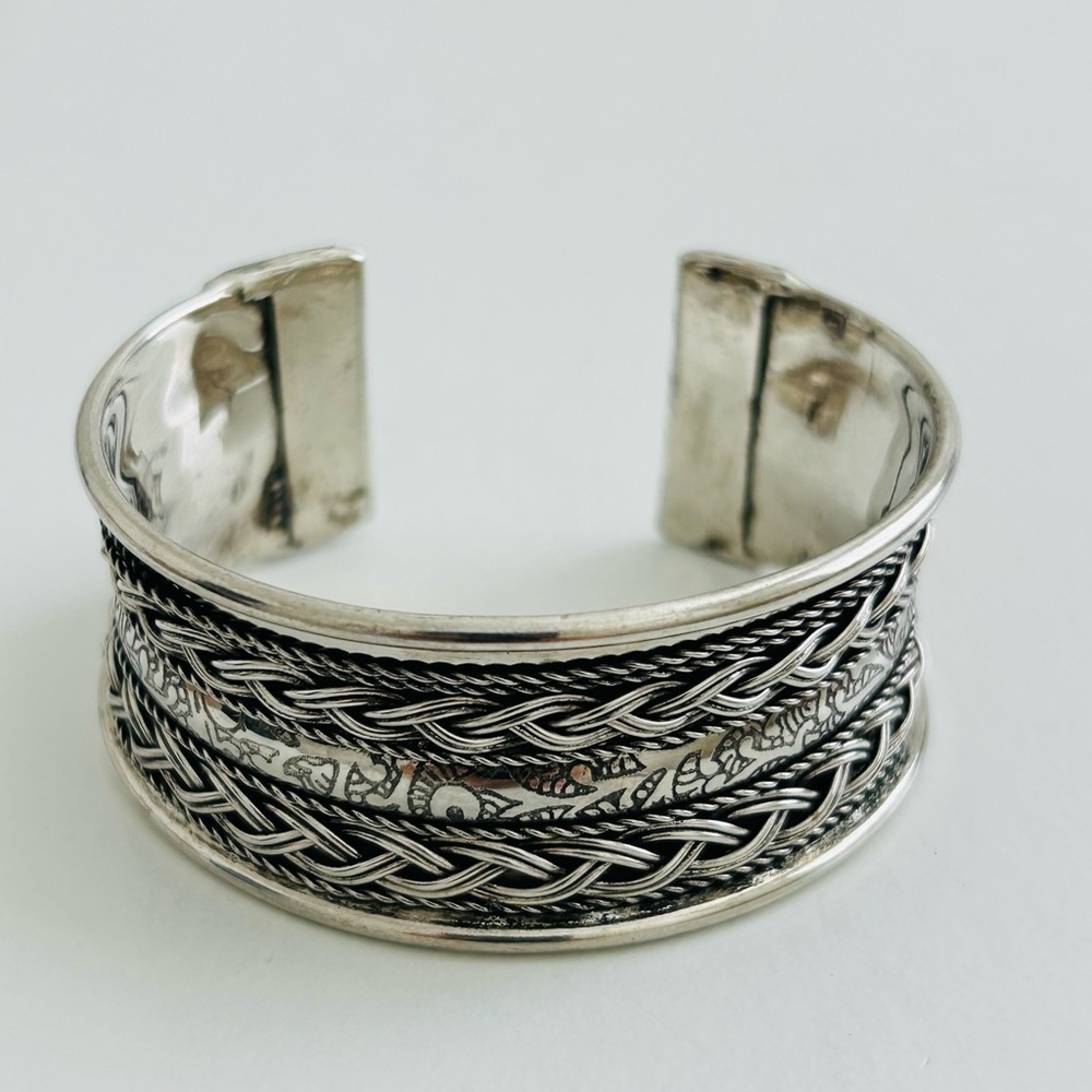 Wide Silvertone Oxidized Braid Cuff Bracelet 1 Inch Wide Seems Adjustable
